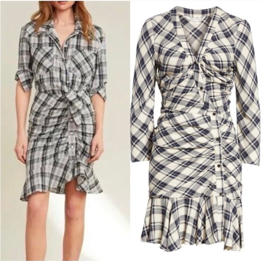 Veronica Beard Rowe Dress Navy Ecru Plaid Ruched Long Sleeve Mini Women's Sz 12